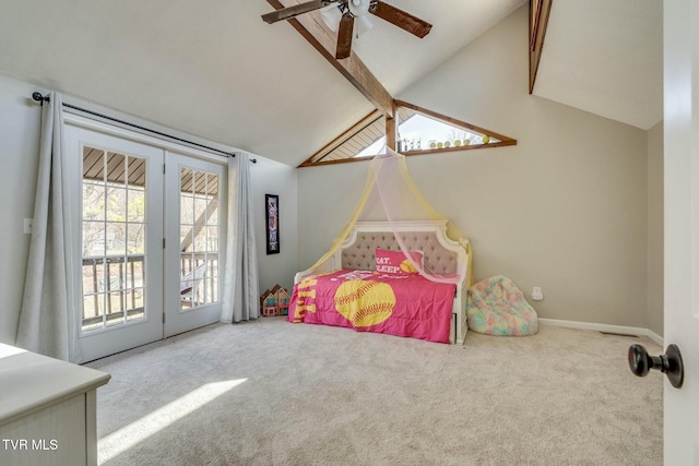 carpeted bedroom with a ceiling fan, lofted ceiling with beams, baseboards, and access to outside