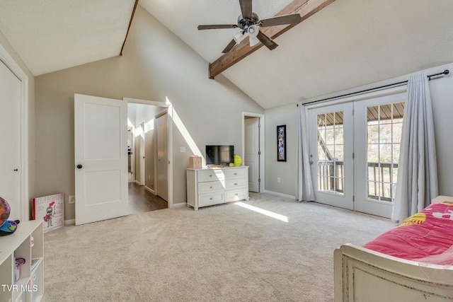 bedroom featuring access to exterior, baseboards, carpet, beam ceiling, and high vaulted ceiling