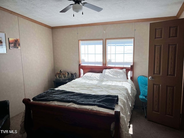 carpeted bedroom featuring a textured ceiling, ceiling fan, and crown molding