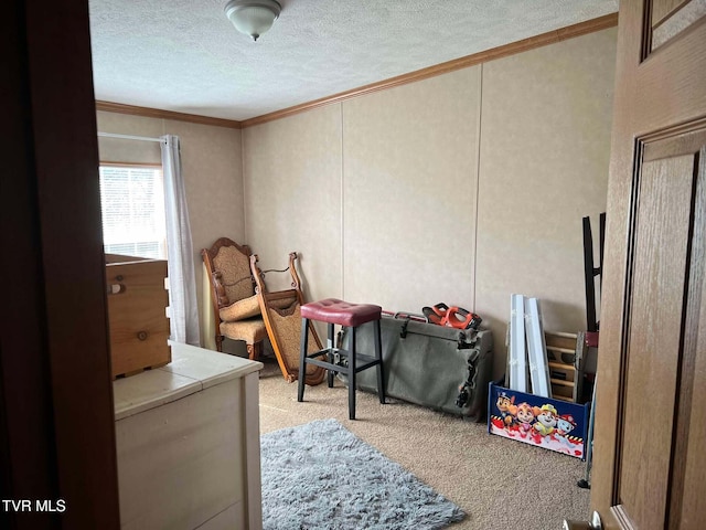 bedroom with ornamental molding, carpet flooring, and a textured ceiling