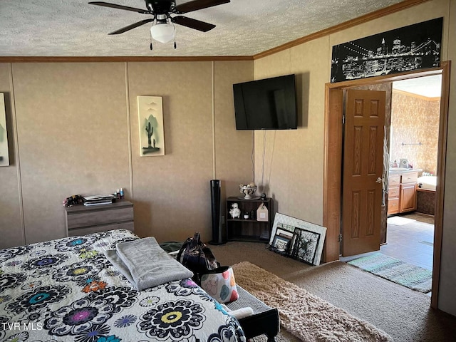 carpeted bedroom with a textured ceiling, crown molding, and ceiling fan