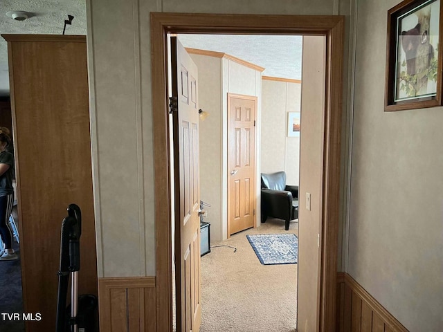 hall featuring carpet flooring, a textured ceiling, a decorative wall, and ornamental molding