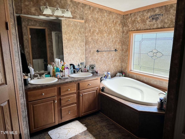 full bath featuring a sink, double vanity, a bath, and crown molding