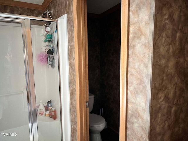 full bathroom with a shower stall and toilet