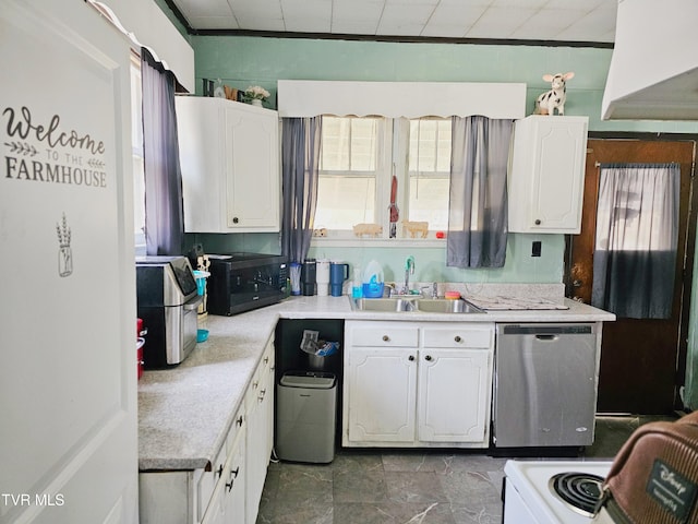 kitchen featuring white cabinetry, a sink, light countertops, black microwave, and dishwasher