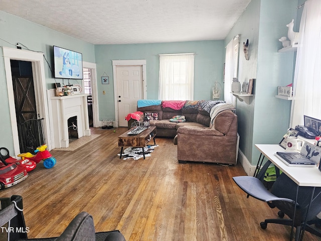 living area featuring plenty of natural light, wood finished floors, a fireplace with flush hearth, and a textured ceiling