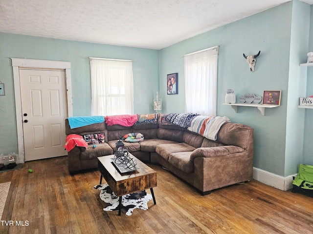 living room featuring baseboards, a textured ceiling, and wood finished floors