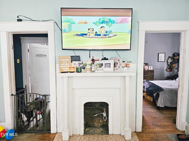 interior details featuring a fireplace with flush hearth and wood finished floors