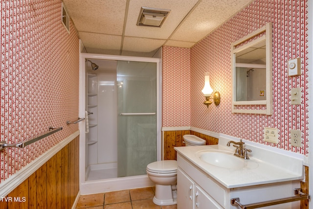 full bathroom with visible vents, wallpapered walls, a shower stall, wainscoting, and toilet