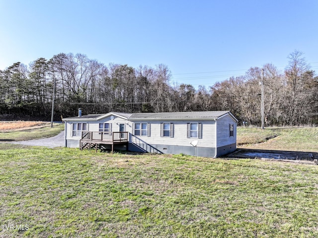 manufactured / mobile home with crawl space, metal roof, a deck, and a front yard