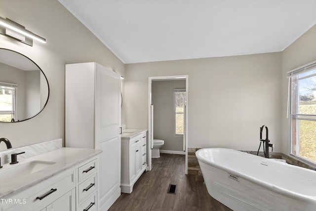 bathroom with wood finished floors, a freestanding tub, two vanities, a sink, and toilet