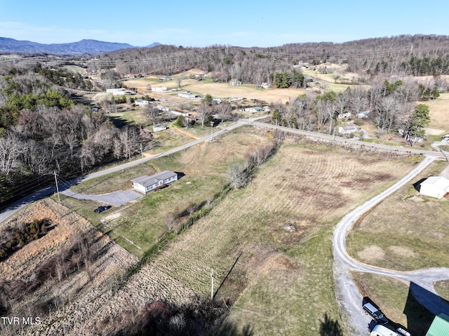 birds eye view of property featuring a mountain view and a rural view