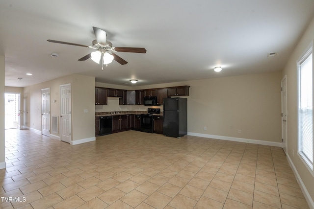 kitchen with visible vents, ceiling fan, dark brown cabinetry, open floor plan, and black appliances