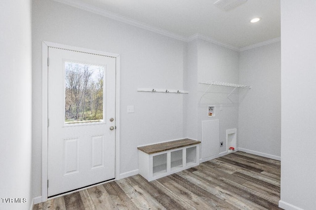 washroom featuring wood finished floors, laundry area, electric dryer hookup, washer hookup, and crown molding