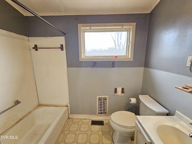 bathroom with visible vents, toilet, vanity, and shower / bathing tub combination