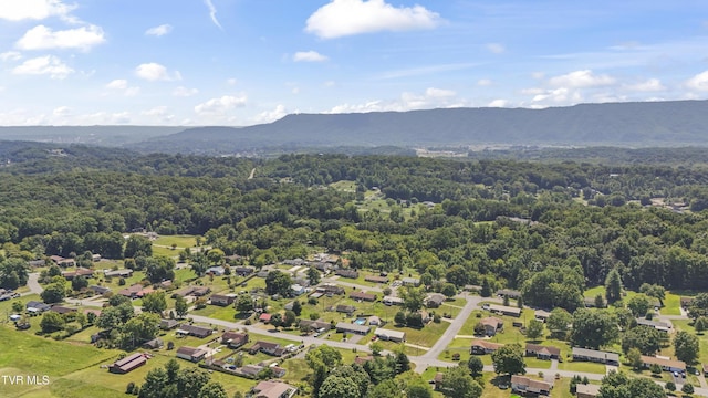 drone / aerial view featuring a mountain view and a wooded view