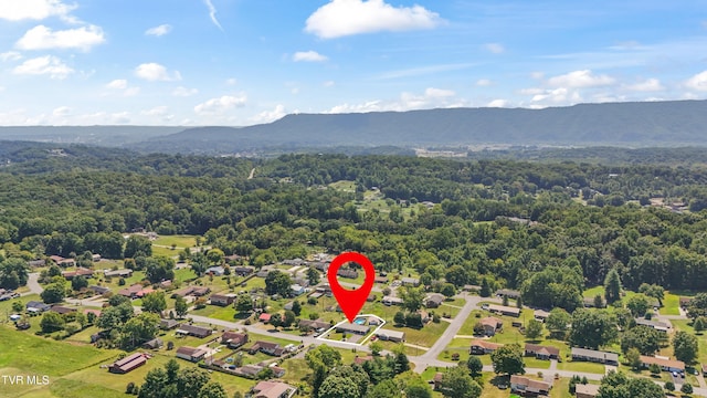 drone / aerial view with a mountain view and a view of trees