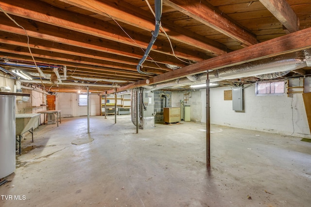 below grade area with electric panel and water heater
