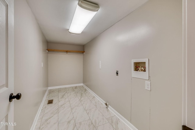 laundry area with visible vents, hookup for an electric dryer, laundry area, washer hookup, and marble finish floor