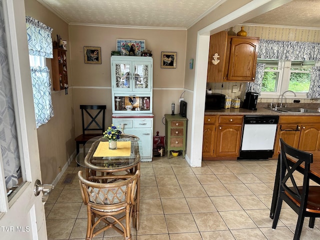 109 Chestnut St, Greeneville, TN 37745 - kitchen with brown cabinetry, a sink, a textured ceiling, dishwasher, and crown molding