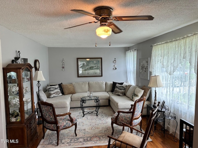 109 Chestnut St, Greeneville, TN 37745 - living room featuring a textured ceiling, a ceiling fan, and wood finished floors