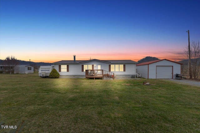 view of front of property featuring a garage, a front lawn, dirt driveway, an outdoor structure, and crawl space