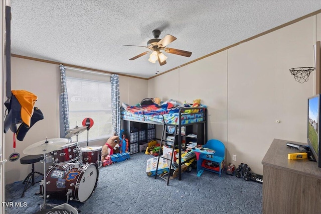 bedroom with a textured ceiling, carpet flooring, and crown molding