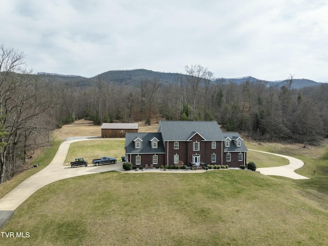 1486 Dry Creek Rd, Elizabethton, TN 37643 - view of front of house featuring a forest view, a mountain view, concrete driveway, and a front yard