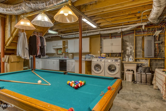 playroom featuring washing machine and clothes dryer, pool table, unfinished concrete flooring, electric panel, and a sink