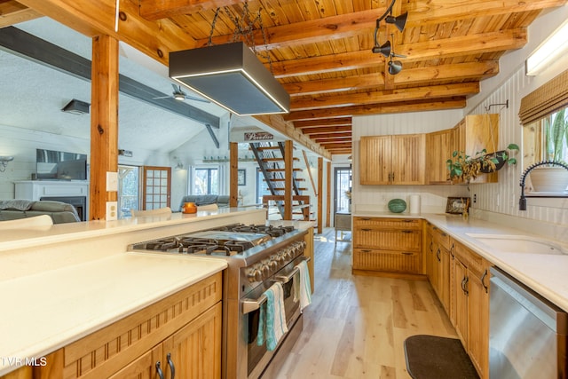 kitchen featuring light wood-style flooring, a sink, open floor plan, stainless steel appliances, and light countertops