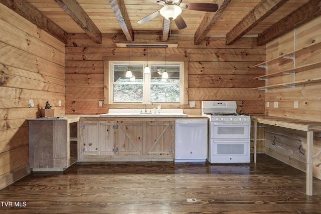 368 Ripshin Lake Rd, Roan Mountain, TN 37687 - kitchen featuring white appliances, wooden walls, beam ceiling, wood ceiling, and light countertops