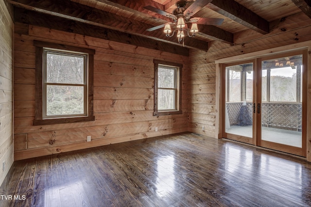 368 Ripshin Lake Rd, Roan Mountain, TN 37687 - unfurnished room with wooden ceiling, wooden walls, french doors, beamed ceiling, and hardwood / wood-style flooring