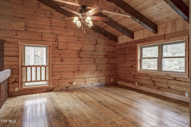 368 Ripshin Lake Rd, Roan Mountain, TN 37687 - unfurnished room with hardwood / wood-style flooring, wooden ceiling, ceiling fan, plenty of natural light, and wood walls