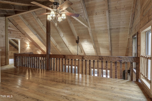 368 Ripshin Lake Rd, Roan Mountain, TN 37687 - additional living space featuring a ceiling fan, wood ceiling, hardwood / wood-style flooring, and wooden walls
