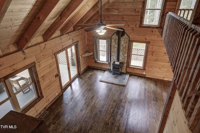 368 Ripshin Lake Rd, Roan Mountain, TN 37687 - bonus room with wooden walls, wood-type flooring, a wood stove, ceiling fan, and wood ceiling
