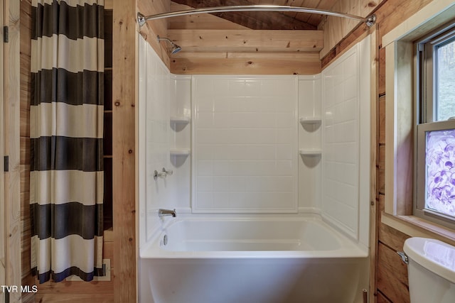 368 Ripshin Lake Rd, Roan Mountain, TN 37687 - full bathroom with shower / bath combo, toilet, and wood walls