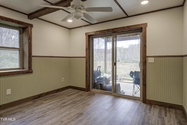 368 Ripshin Lake Rd, Roan Mountain, TN 37687 - empty room with wood finished floors, wainscoting, baseboards, a ceiling fan, and recessed lighting