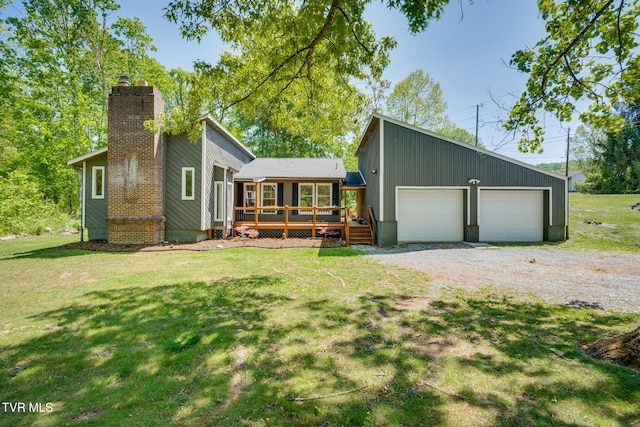 mid-century inspired home with a front lawn, a wooden deck, and a chimney