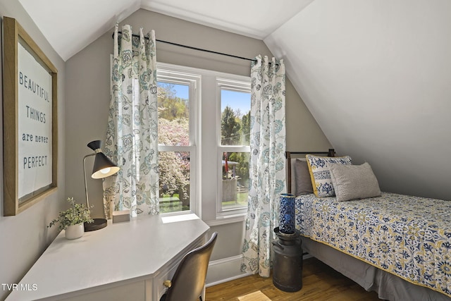 bedroom featuring vaulted ceiling and wood finished floors