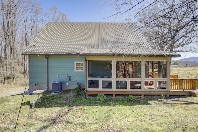 137 Unaka View Rd, Johnson City, TN 37601 - back of house with metal roof, a yard, central AC unit, and a wooden deck