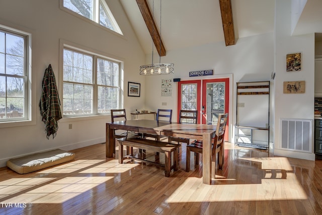 137 Unaka View Rd, Johnson City, TN 37601 - dining space with visible vents, beam ceiling, french doors, high vaulted ceiling, and wood-type flooring