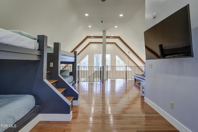137 Unaka View Rd, Johnson City, TN 37601 - bedroom with visible vents, high vaulted ceiling, wood finished floors, recessed lighting, and baseboards