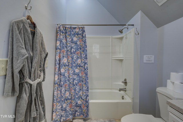 137 Unaka View Rd, Johnson City, TN 37601 - full bath with visible vents, toilet, shower / bath combo with shower curtain, and vaulted ceiling