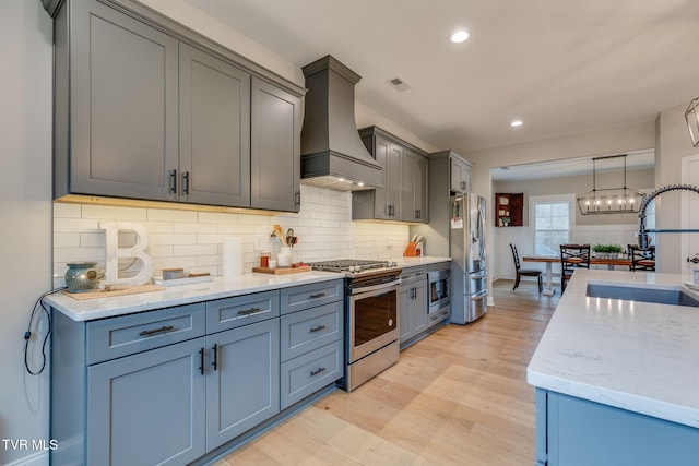 kitchen featuring visible vents, backsplash, premium range hood, appliances with stainless steel finishes, and a sink