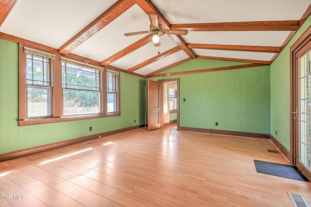 415 Fairgrounds Rd, Greeneville, TN 37745 - unfurnished room with lofted ceiling with beams, a ceiling fan, visible vents, and light wood-type flooring