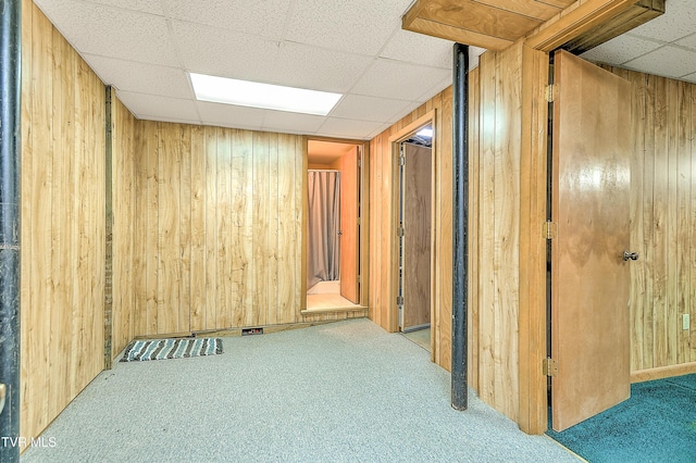 415 Fairgrounds Rd, Greeneville, TN 37745 - basement with a drop ceiling, wood walls, and carpet floors
