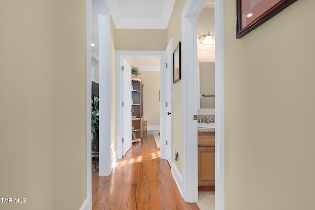 20324 Josh Allen Dr, Abingdon, VA 24211 - hallway with a sink, light wood-style floors, baseboards, and ornamental molding