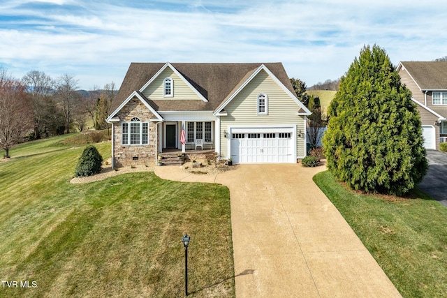 20324 Josh Allen Dr, Abingdon, VA 24211 - traditional home with a front yard, roof with shingles, concrete driveway, a garage, and stone siding