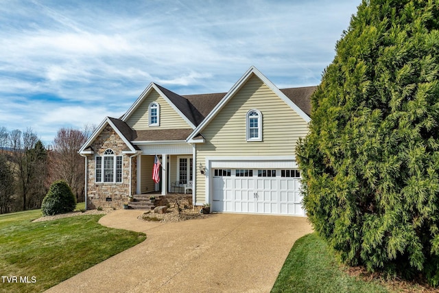 20324 Josh Allen Dr, Abingdon, VA 24211 - view of front of property with a front lawn, concrete driveway, covered porch, stone siding, and an attached garage