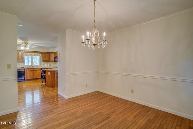 142 Laurel Acres Ct, Jonesborough, TN 37659 - unfurnished dining area with light wood finished floors, a chandelier, a ceiling fan, and ornamental molding